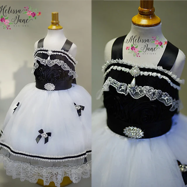 Cheap Black and White Ball Gown Square Bow Tulle Lace Little Girls Dresses Summer Party Flower Girls Dresses