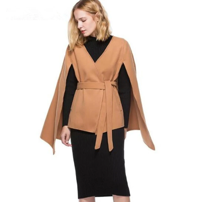 

Elegant v neck cape coat Women Spring New Arrival long sleeve belt outerwear coat 2018 casual split streetwear cloak over