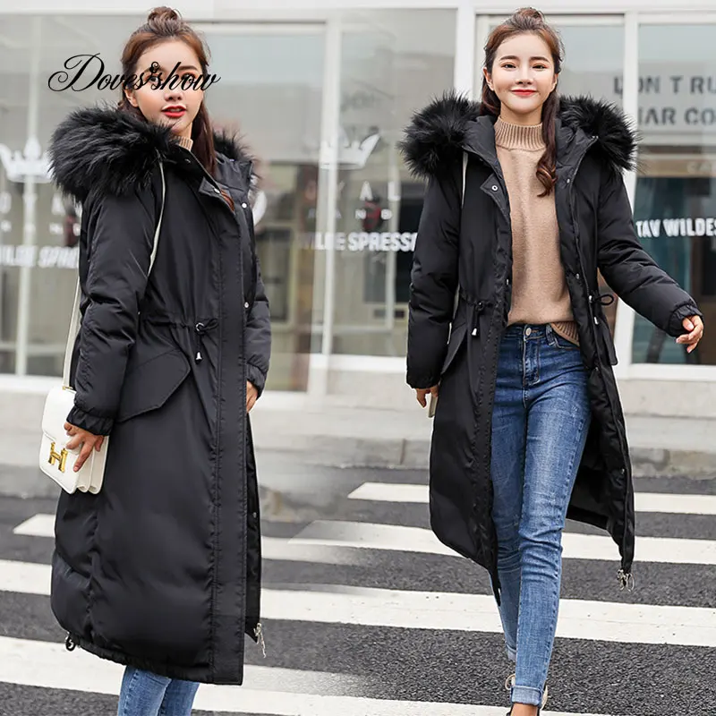 Elastyczny kołnierz futro z kapturem Zima w dół płaszcz kurtki długie ciepłe kobiety Casaco feminino Abrigos mujer Invierno 2018 Parkas Outwear 906 -