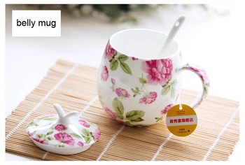 

410ML, floral rose painting, bone china personalized mugs, fat belly designed, european cups mugs ceramic, with lip and spoon