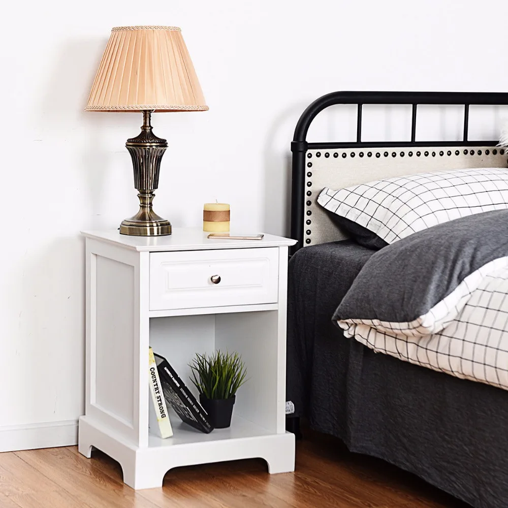 Giantex Night Stand End Accent Table Drawer Chest Sofa Side Bedside Storage Home White Home Furniture HW54866WH