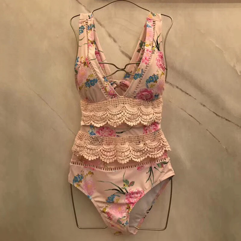 Luxury Lace Swimsuit One Piece Elegant Women Swimwear One Piece Halter