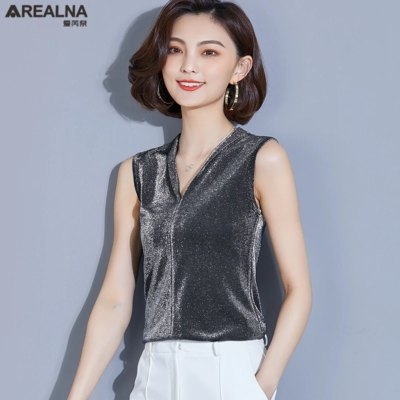 

Sleeveless Women V-neck Laser Rainbow Shirts Tank Top New Summer Sexy Shining Silk Body Tshirt Women Black Ladies Slim Tops