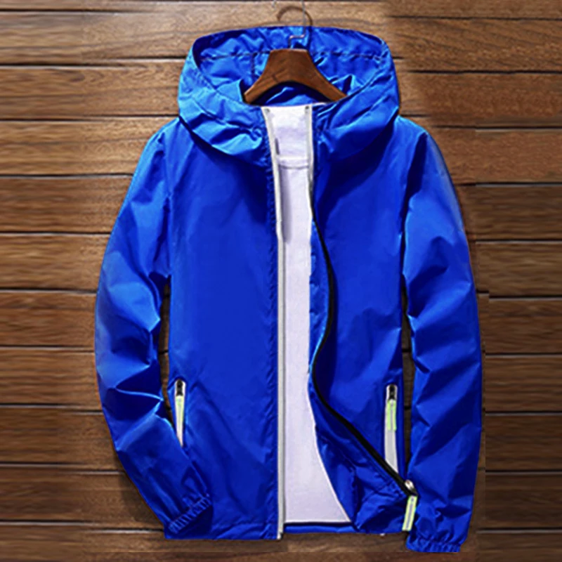 Мужская ветровка, мужская Тонкая куртка на молнии, осенняя спортивная куртка для велоспорта, водонепроницаемая куртка с капюшоном, спортивная одежда - Цвет: Light Blue