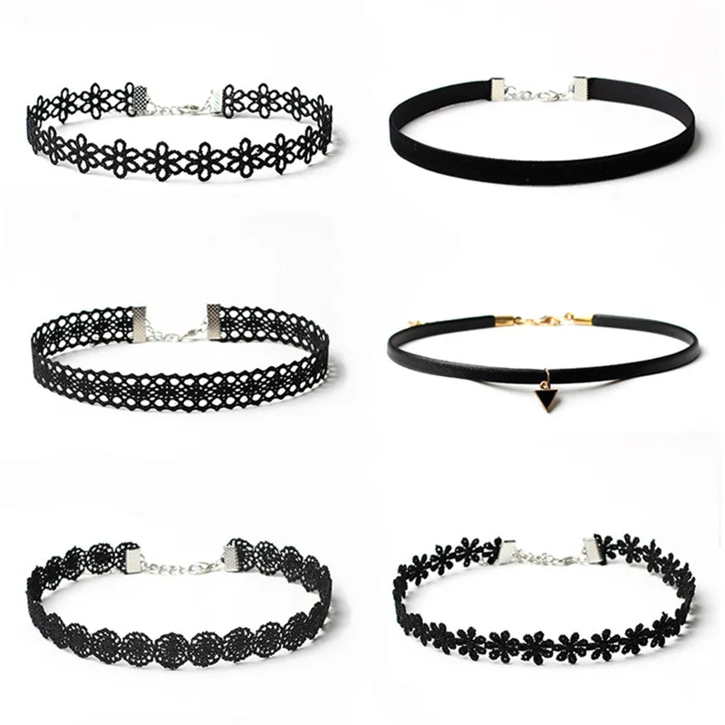 6pcs/set Fashion Jewelry Black Lace Belt Choker Necklaces Rope Sexy
