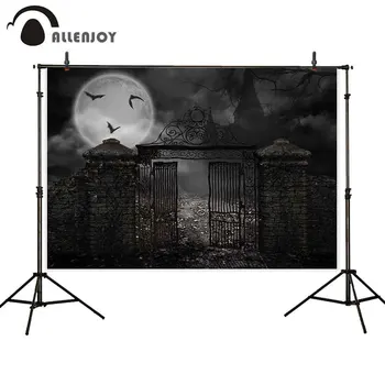 

Allenjoy photographic backdrop Halloween haunted moon night abandoned castle bat iron gate dead leaves fotografical background