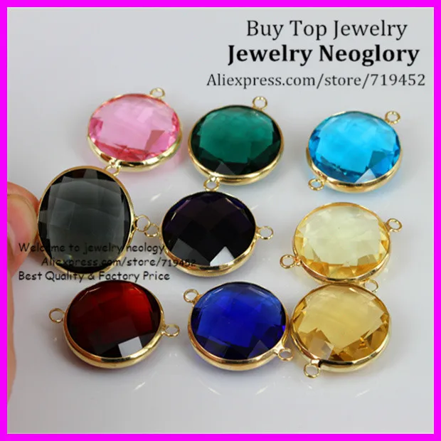 

Wholesale 20PCS Mix Color Round Shape Glass Quartz Connectors Gold Edge Faceted Drusy Bezel Quartz Glass Bead25x30mm