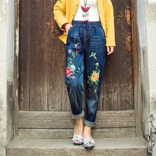 Весенний национальный стиль, вышивка пионами, эластичный шнурок на талии, повседневные джинсы для женщин