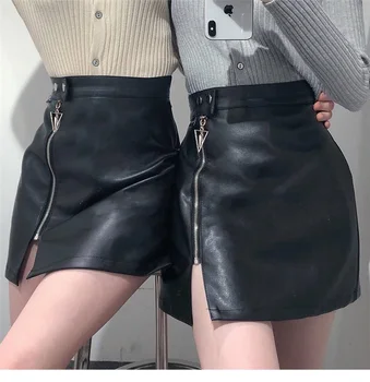 

NiceMix Women Mini PU Black Skirt Casual Punk Gothic Sexy Club Aline High Waist Plain Zipper Simple Female Fashion Goth Ladies