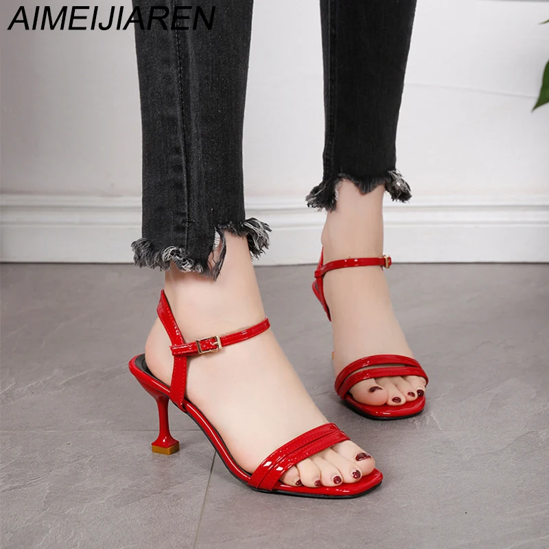 

Sandals Peep Toe Women Sandals Pu Classic High Heels Thin Heels Fashion Women Buckle Shoes for Summer Zapatos De Mujer