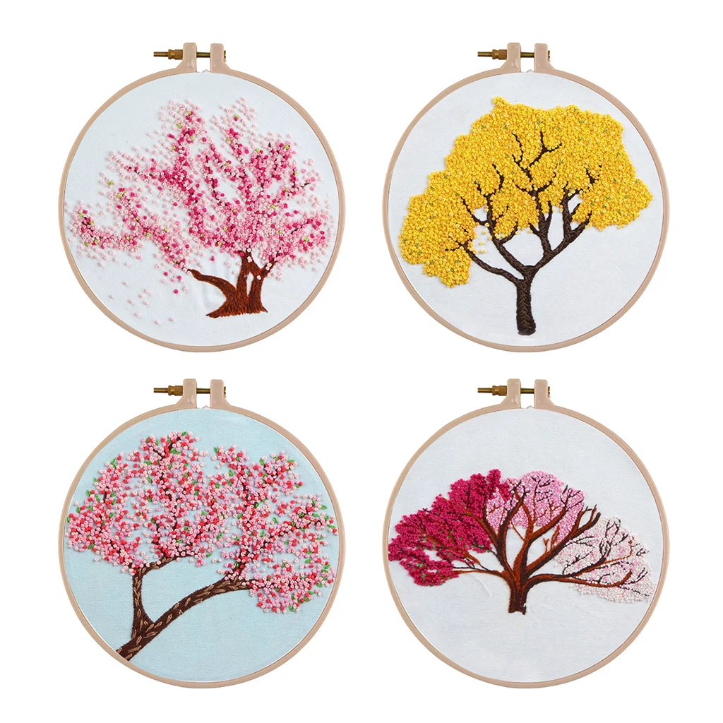 DIY Ribbon Tree Pattern Embroidery Cross Stitch Set Needlework Kits Sewing Decor