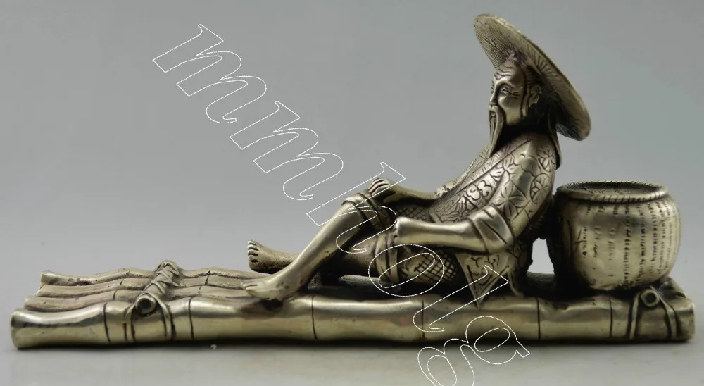 

Collectible Decorated Old Handwork Tibet Silver Carved Farmer Bamboo Boat Statue