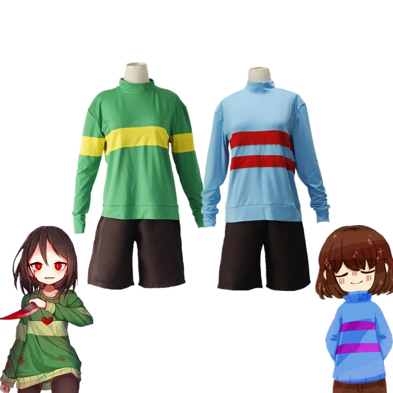 

Game Undertale Cosplay Chara Green Frisk Light Blue Costume Full Set Unisex