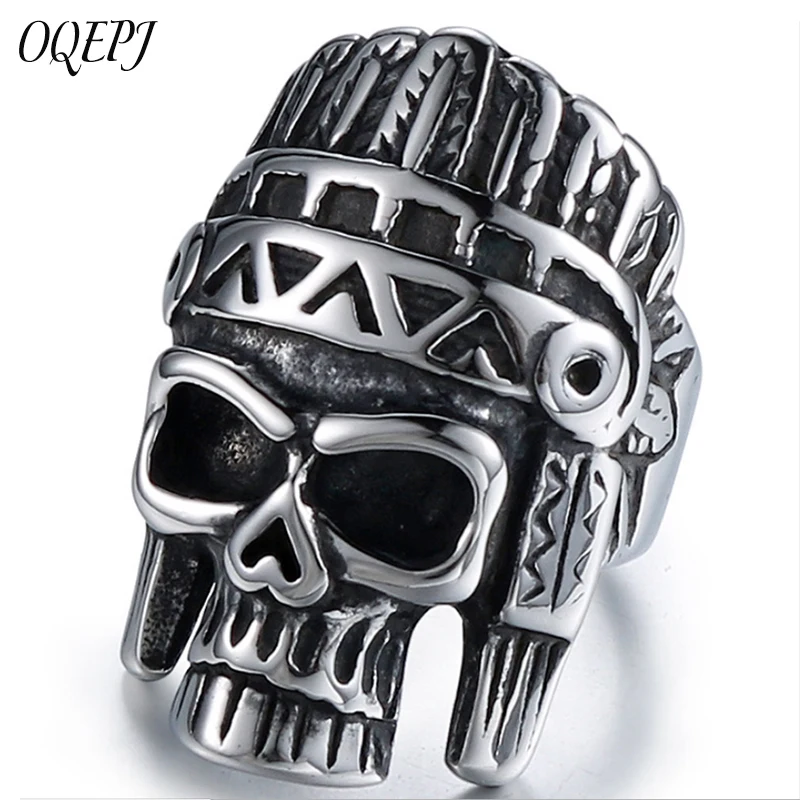

OQEPJ Gothic Indians Head Rings Stainless Steel Men Jewelry Simple High Quality Indian Chief Skull Ring Prevent allergy Gift