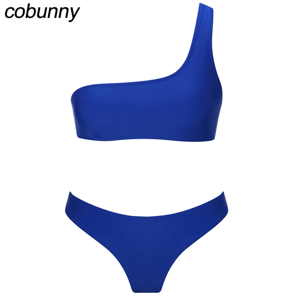 Cobunny Bikini Set 2018 Women Swimwear Blue Solid One Shoulder Swimsuit