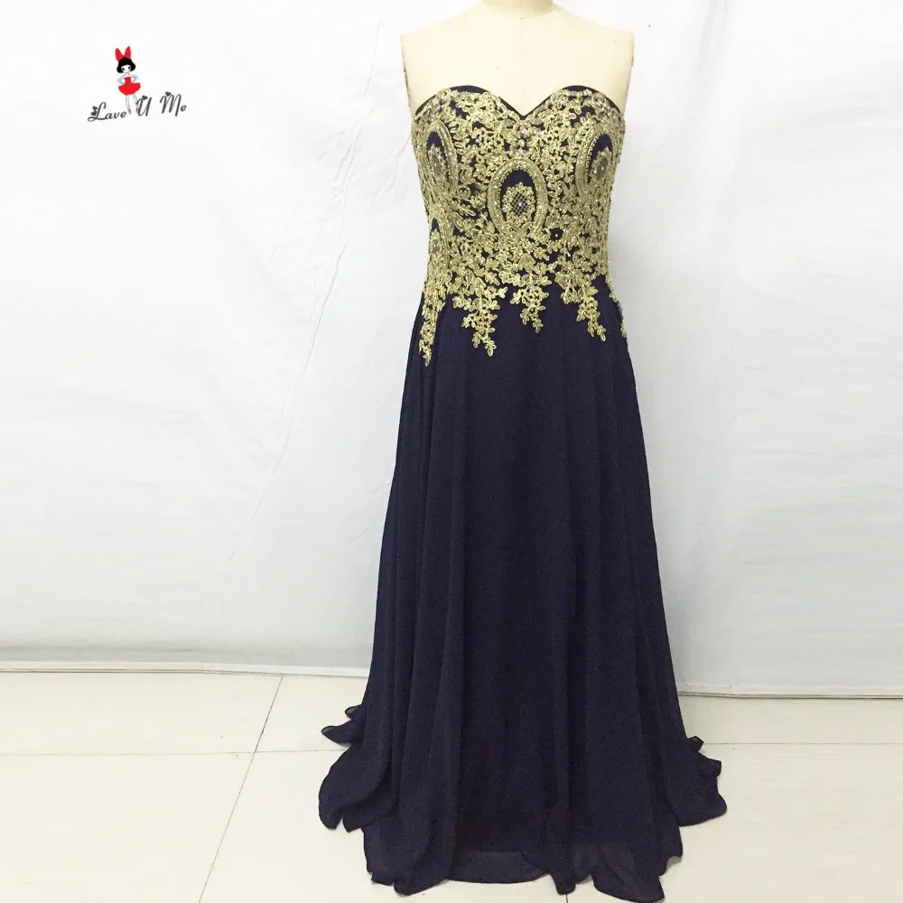 Cheap Navy Blue Long Evening Gowns Gold Lace Sweetheart Plus Size