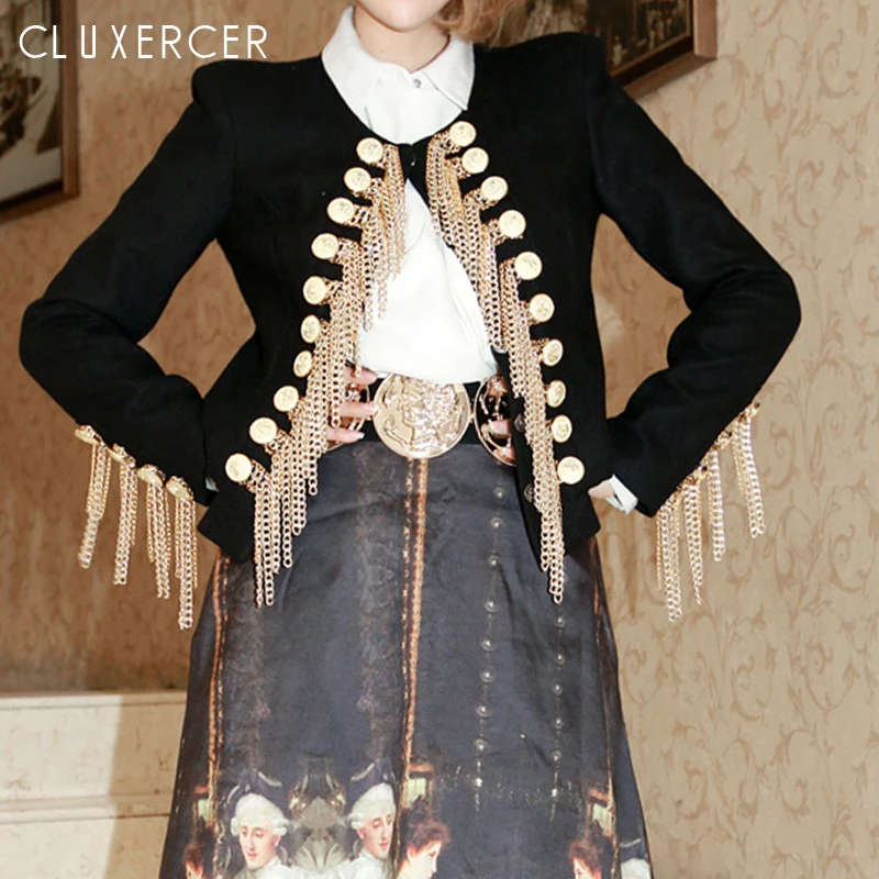 

2019 Spring Autumn Short female jacket Vintage metal Chains Tassel jacket woman Casual O Neck Double Breasted Slim coat female