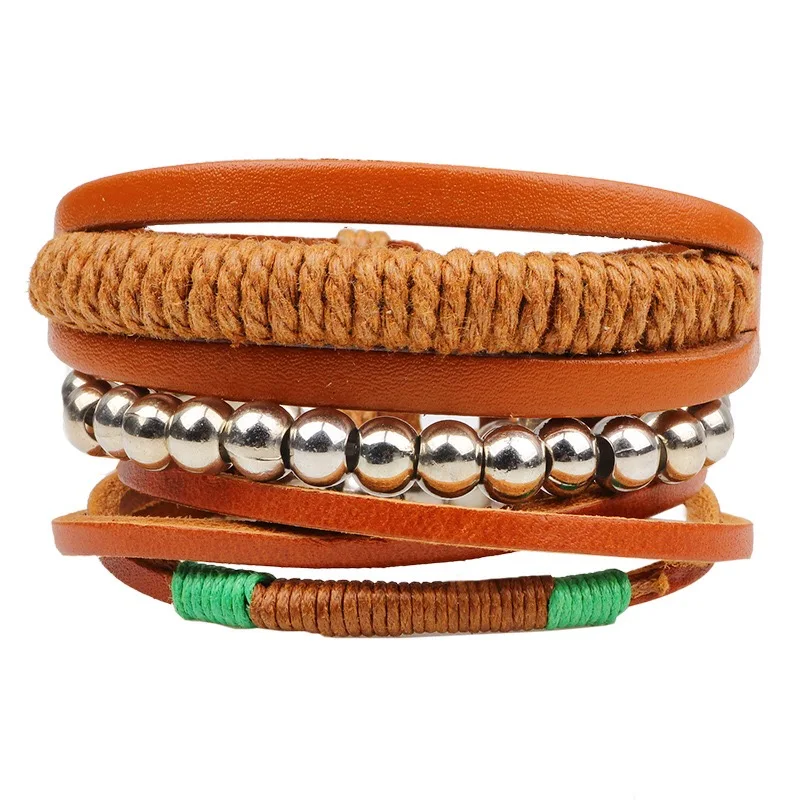 Brown Beaded Strand Women Vintage Combination Handmade Woven Leather Bracelet Men Jewelry ...