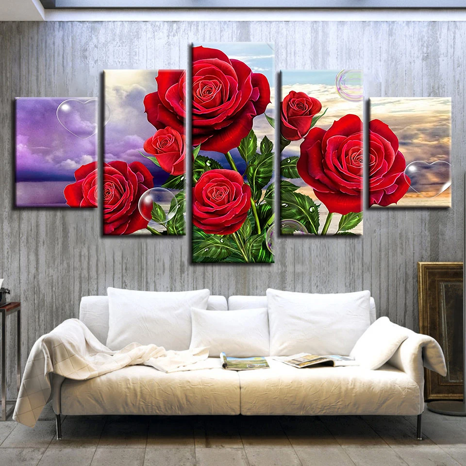5 Panel Wall Art Canvas Painting Pictures Beautiful Red Roses Flowers Home Decor Modern Canvas