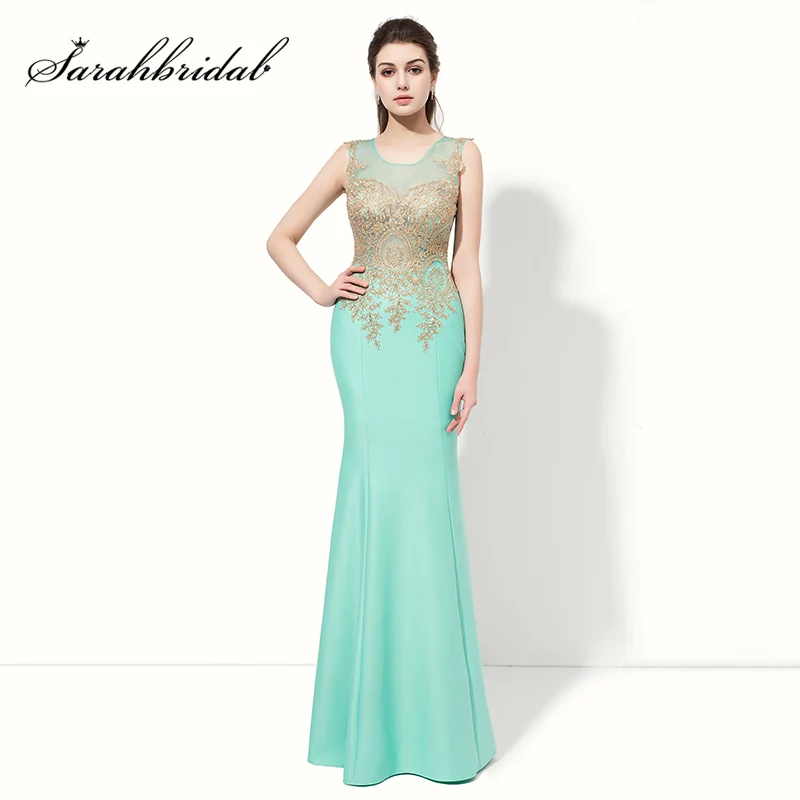 

Cheap Golden Appliques Long Mermaid Prom Dresses Sexy Illusion Bodice Evening Party Gown Mint Sleeveless Gala Dress LX412