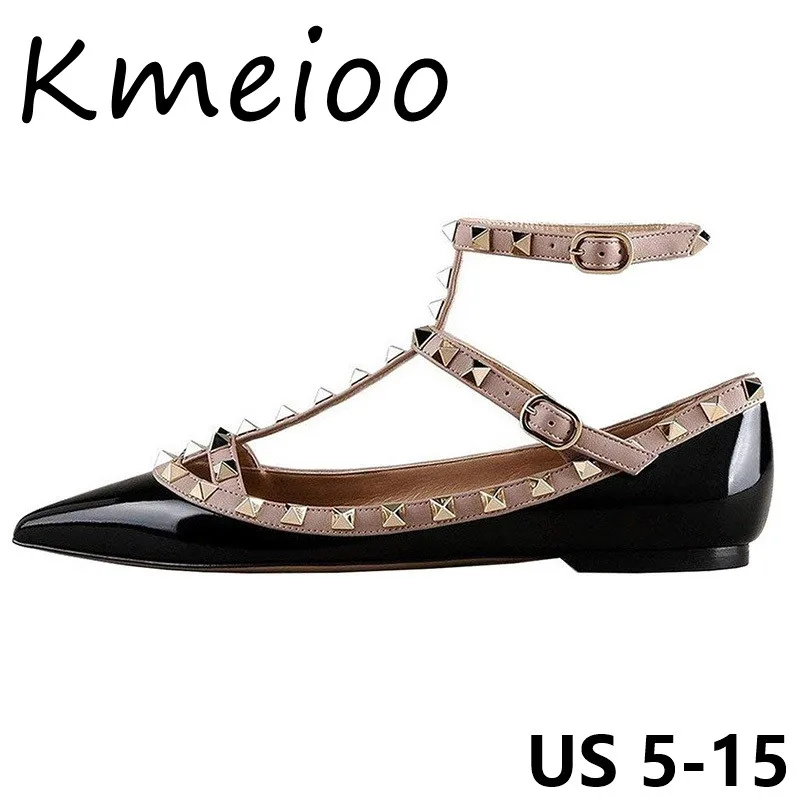 

Kmeioo 2019 New Fashion US Size 5-15 Women Shoes Rivets Flats Flat Heels Pointed Toe Gladiator Rivets Straps Flat Loafers Shoes