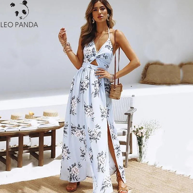 

2019 New Womens Summer Boho Maxi Long Dress Evening Party Beach Dresses Sundress Floral Halter Dress Summe