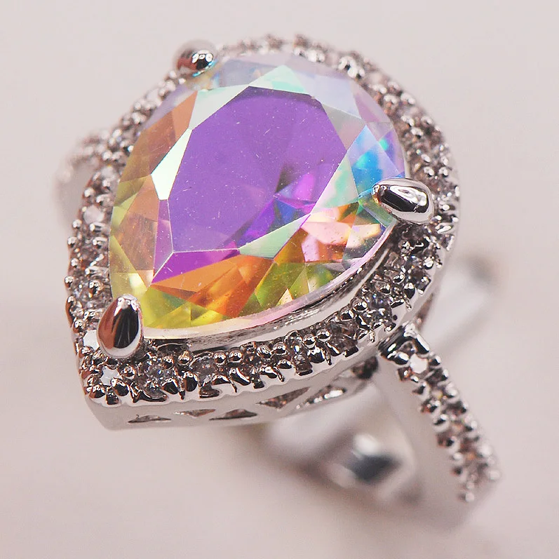 Rainbow Mystic Crystal Zircon Fashion 925 Sterling Silver Woman Ring Size 6 7 8 9 10