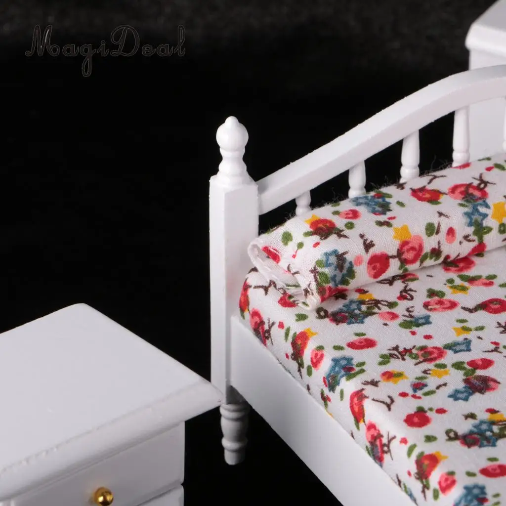 MagiDeal 1:12 Dollhouse Miniature White Wooden European Retro Bedroom Furniture Set for Kids Playing House Game Toy Cute Gift