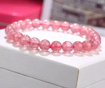 

free shipping Natural Ice Strawberry Quartz Crystal Stretch Beads Bracelet 8mm AAA