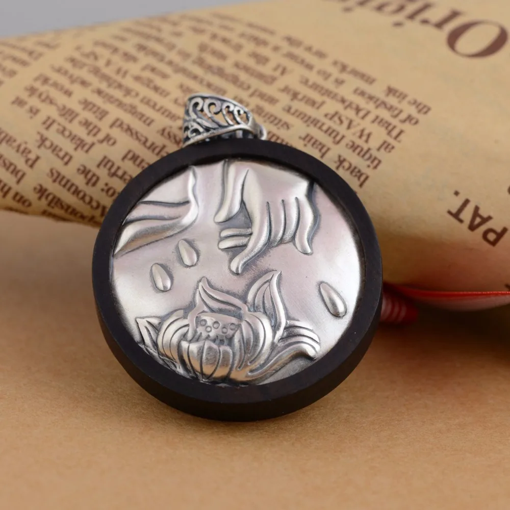 

925 Sterling Silver Tibetan Buddha Lotus Flower Ebony Charm Pendant - no chain A2748