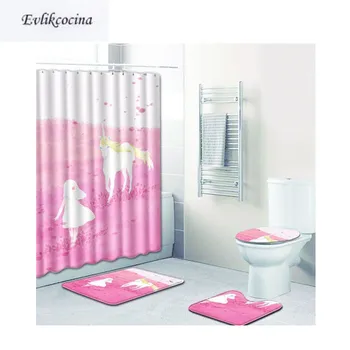 

Free Shipping 4Pcs White Unicorn Pink Lawn Banyo Paspas Bath Mat Set Bathroom Tapete Banheiro Washable Toilet Rugs Alfombra Bano