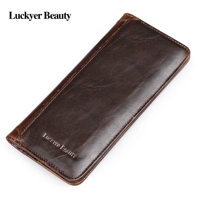 

LUCKYER BEAUTY Genuine Crazy Horse Cowhide Leather Men Long Wallet Purse Card Holders Vintage Wallet Brand High Quality Designer