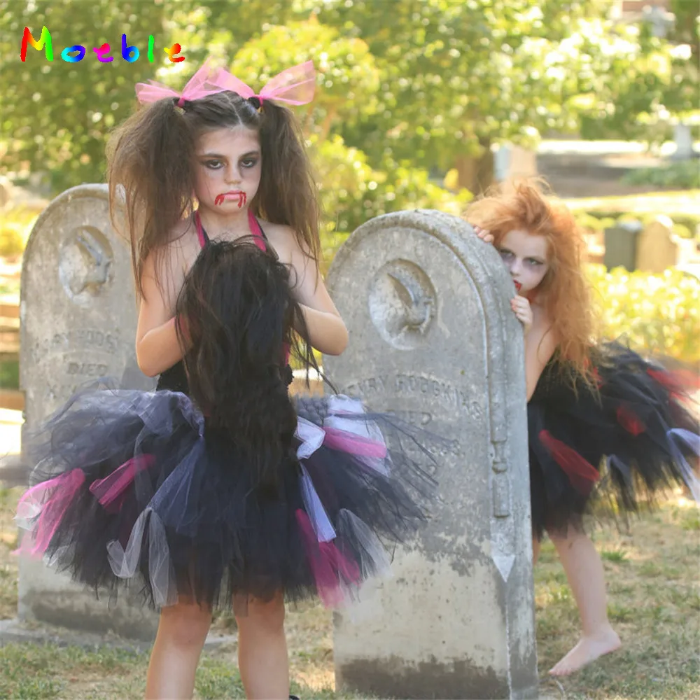 

Scary Monster Zombie Girls Halloween Costume Kids Tulle Party Dresses Cosplay Toddler Girl Dresses Vestido De Festa Black Red