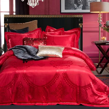 

King Queen size 4 pcs Bedding Sets Chinese Red Satin Jacquard Wedding Quilt Cover Sets 100%Cotton Duvet cover Sheet Pillowcase