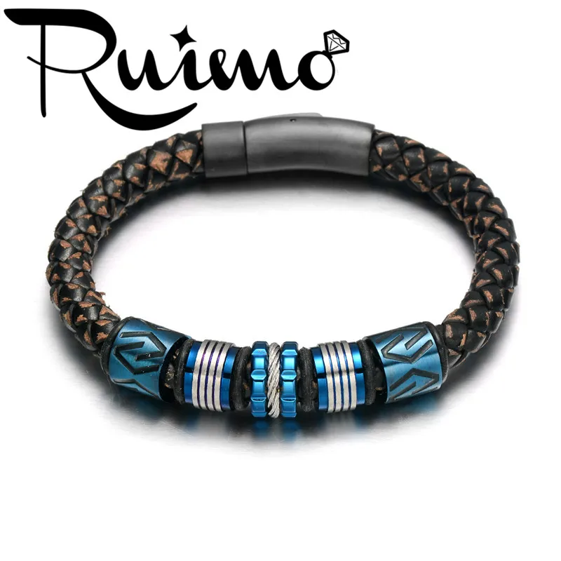 RUIMO ручной работы мужской браслет из натуральной кожи 316l бусина из нержавеющей стали тканый браслет модный для мужчин