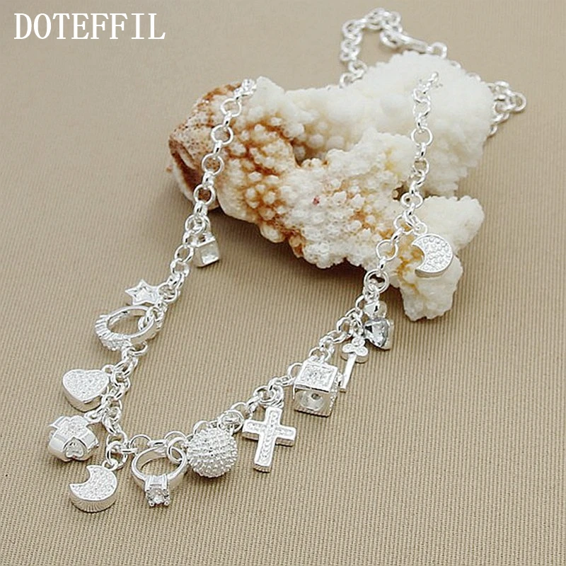 DOTEFFIL 925 Sterling Silver Cross Heart Moon Ball Multiple Pendants Chain Necklace For Woman Wedding Fashion Jewelry Charm - Image 2