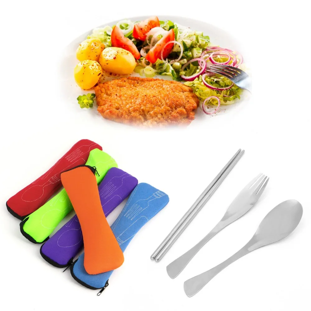 3 unids/set portátil al aire libre Camping Survival Picnic vajilla de acero inoxidable tenedor cuchara palillos cubiertos con bolsas