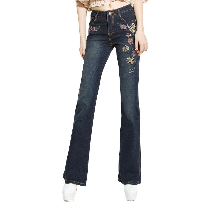 Elástico Mujeres Mediados Vintage Bell 2017 Skinny Oscuro Retro Bordado Denim Cintura Pantalones Bottom Vaqueros Azul De Estilo Femenino XYCqH