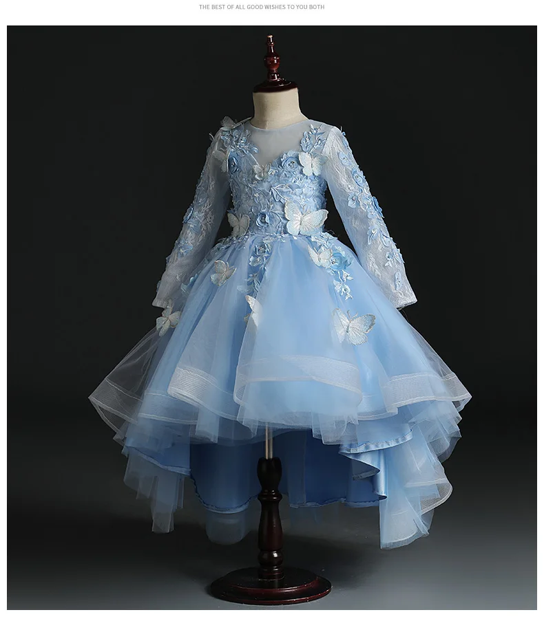 Детское кружевное платье с цветочной аппликацией для девочек; пышные Вечерние платья на свадьбу; бальное платье с длинными рукавами; платье принцессы для выпускного вечера; торжественное платье для девочек