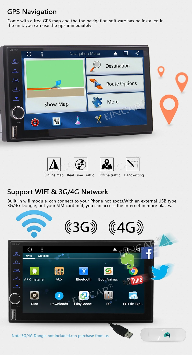 Cheap Eincar Car Stereo Touchscreen Head Unit Android 7.1 Car NO DVD Player GPS Navigation Autoradio Stereo Support Wifi USB/SD+Camera 5