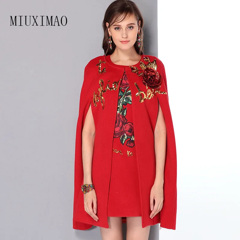 

Europe Style 2017 Autumn & Winter Latest Chinese Style Solid Wrist Cloak Sleeves Straight Knee-Length O-Neck Dress Women