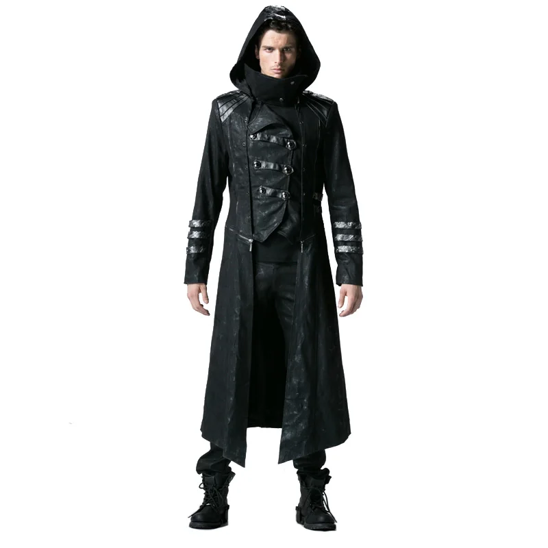 Готическое черное зимнее мужское длинное пальто в стиле стимпанк, Саржевые куртки с высоким воротником, кожаные пальто в стиле панк, пальто со съемным подолом и шляпой
