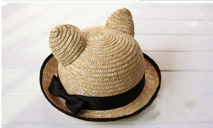 Женщина-кошка уха соломенная шляпа Strawhat летние пляжные кепки подходит Солнце Шляпа Дерби котелок соломы черного и бежевого цвета