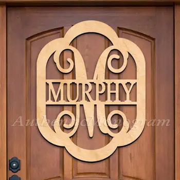 

CUSTOM WOODEN MONOGRAM DOOR HANGER LAST NAME IN ROUNDED FRAME SINGLE LETTER VINE NATURAL
