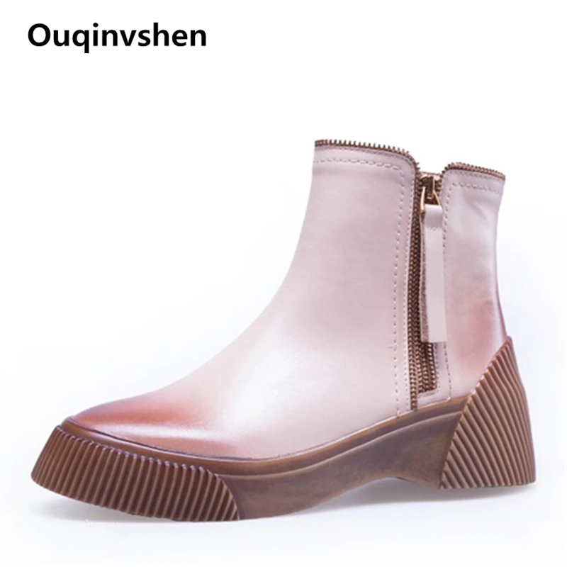 

Ouqinvshen 2018 New Gradient Color Martens Boots Fashion Concise Round Toe Autumn Winter Flat Boots Metal Decoration Ankle Boot