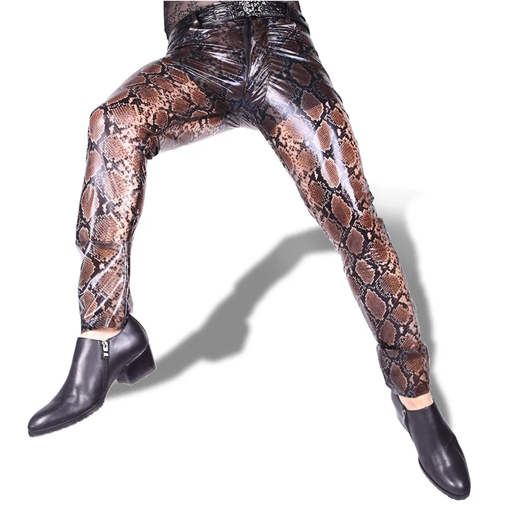 Plus Size Snake Print Thin Full Glue Semi Permeable PU Leather Pants Hombre Streetwear Men Sexy Straight Pantalon Uomo Clubwear 8