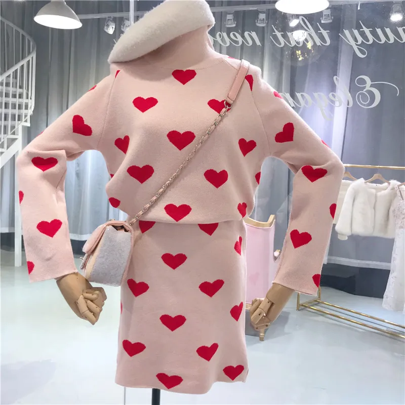 

ALPHALMODA Autumn Winter Women's Clothing Long Sleeve Turtleneck Heart Prints Knitted Sweater + Skirt 2 Pieces Women Set
