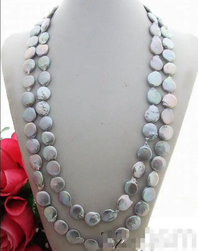 

Free Shipping >>N1312293 Beautiful! 50" 15MM Grey Pearl Coin Necklace