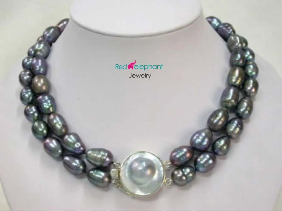 

Free shopping! 2 Rows natural 9-10mm tahitian black pearl necklace 17"-18