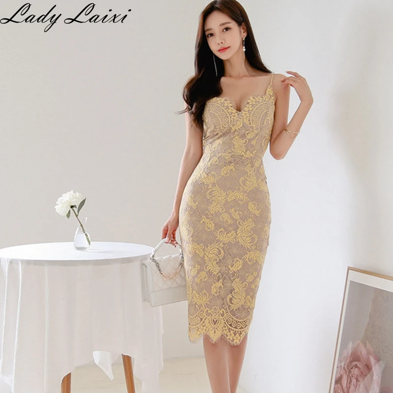 

Women New Slim Crochet yellow Lace Dress Elegant Bodycon Club Party Vestidos Sexy Spaghetti Strap Sundress Female Outfits Dress